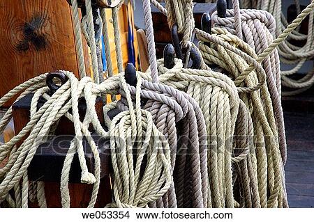 Picture - Ropes on a sailing schooner, Troms, Norway, Europe. Norwegian Sea, North-Atlantic. Fotosearch