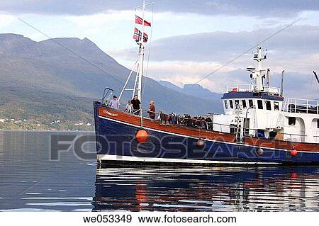 Stock Photo - Ship with divers arriving in Foldvik Brygge, Gratangen commune, Troms, Lapland, Norway, Scandinavia, Europe. Norwegian Sea, North-Atlantic, Sub-Arctic. Fotosearch