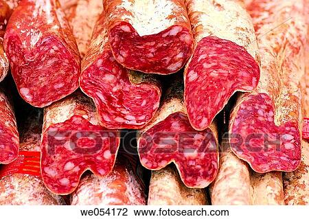 Stock Image - Typical sausage. Boquer? a market. Barcelona. Spain.. Fotosearch