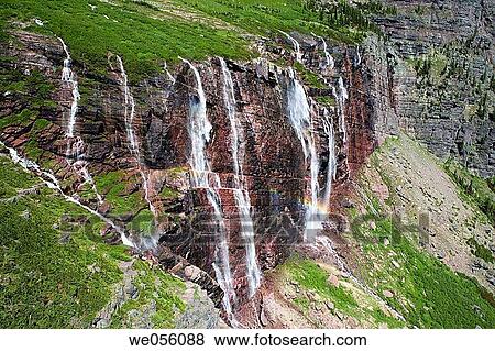 Stock Photo - Aerial view of waterfalls, Glacier National Park. Montana, USA. Fotosearch