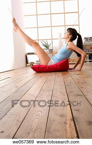 balance, brunette, barefoot, at-home View Large Photo Image Stock Photo - balance, brunette, barefoot, at-home. Fotosearch