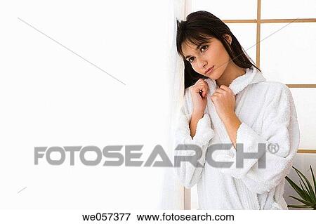 bathrobe, brunette, absorbed View Large Photo Image Stock Photo - bathrobe, brunette, absorbed. Fotosearch