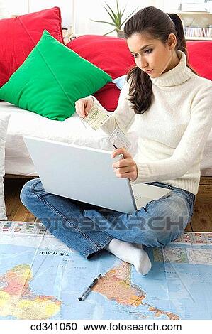 brunette, computer, at-home View Large Photo Image Stock Image - brunette, computer, at-home. Fotosearch