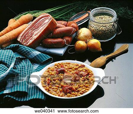 Lentils with pork sausage and bacon View Large Photo Image Stock Image - Lentils with pork sausage and bacon. Fotosearch