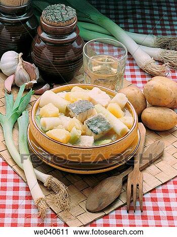 ? Porrusalda? typical codfish stew with potatoes and leek, Basque cuisine View Large Photo Image Stock Image - ? Porrusalda? typical codfish stew with potatoes and leek, Basque cuisine. Fotosearch