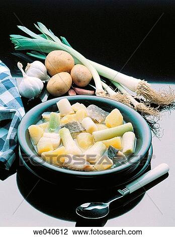 ? Porrusalda? typical codfish stew with potatoes and leek, Basque cuisine View Large Photo Image Stock Image - ? Porrusalda? typical codfish stew with potatoes and leek, Basque cuisine. Fotosearch