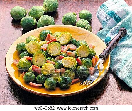 Salted Brussels sprouts with bacon View Large Photo Image Stock Image - Salted Brussels sprouts with bacon. Fotosearch