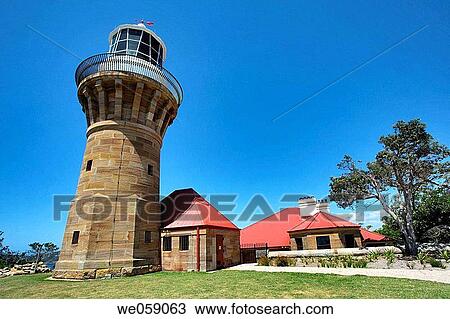 Stock Image - Australia, NSW, Sydney, Barranjoey Lighthouse, built in 1881, marks the entrance of Broken Bay and Pittwater on the Headland above Palm Beach. Fotosearch