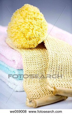 Stock Photo - bathroom, Body care, Close-up, concept, Horsehair glove. Fotosearch