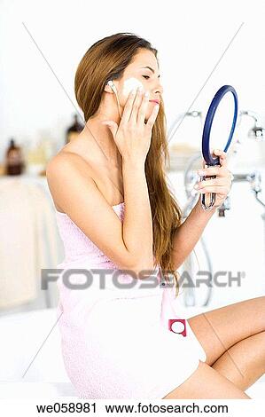 bathroom, brunette, Beauty Care, beauty, apply View Large Photo Image Stock Image - bathroom, brunette, Beauty Care, beauty, apply. Fotosearch
