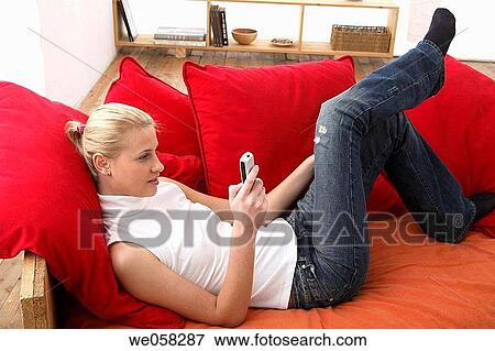 blond, calm, calling, at-home View Large Photo Image Stock Photo - blond, calm, calling, at-home. Fotosearch