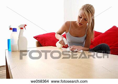 Picture - blond, cleaning, clean, at-home. Fotosearch