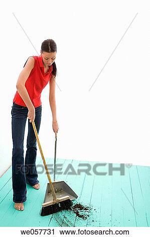 Stock Image - broom, brunette, brush, clean. Fotosearch