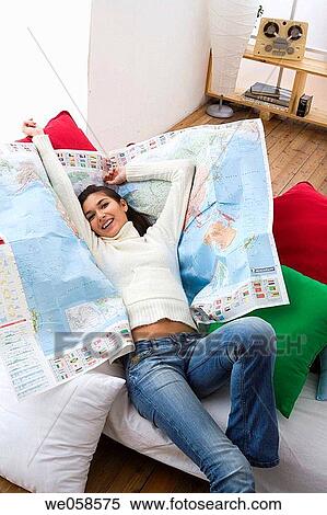 Stock Photography - brunette, chilling out, at-home. Fotosearch