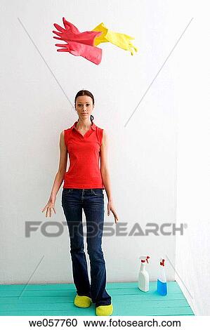 Stock Image - brunette, clean, cleaning, Cleaning product. Fotosearch