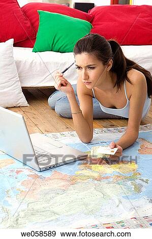 brunette, computer, at-home View Large Photo Image Stock Photo - brunette, computer, at-home. Fotosearch