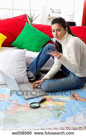 brunette, computer, at-home View Large Photo Image Stock Photograph - brunette, computer, at-home. Fotosearch