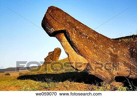 Stock Image - Chile, Easter Island, Rapa Nui, moai heads on the crater slopes of Rano Raraku. Fotosearch