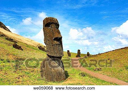 Chile, Easter Island, Rapa Nui, moai heads on the crater slopes of Rano Raraku View Large Photo Image Stock Photo - Chile, Easter Island, Rapa Nui, moai heads on the crater slopes of Rano Raraku. Fotosearch