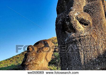 Chile, Easter Island, Rapa Nui, moai heads on the crater slopes of Rano Raraku View Large Photo Image Stock Photo - Chile, Easter Island, Rapa Nui, moai heads on the crater slopes of Rano Raraku. Fotosearch