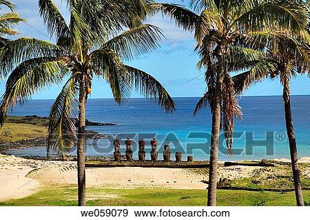 Chile, Easter Island, Rapa Nui, moais with headknots at Ahu Nau Nau, Anakena Beach View Large Photo Image Stock Photo - Chile, Easter Island, Rapa Nui, moais with headknots at Ahu Nau Nau, Anakena Beach. Fotosearch