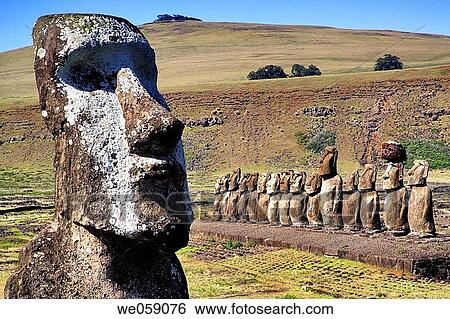 Chile, Easter Island, Rapa Nui, solitary moai near the fifteen moais of Ahu Tongariki View Large Photo Image Stock Photograph - Chile, Easter Island, Rapa Nui, solitary moai near the fifteen moais of Ahu Tongariki. Fotosearch