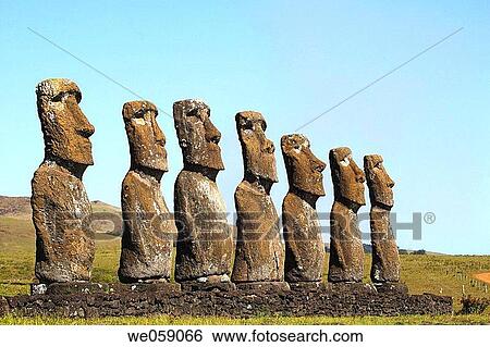 Chile, Easter Island, Rapa Nui, the seven mois of Ahu Akivi represent acording to legend the seven explorers sent by King MatuÆa from Hiva View Large Photo Image Stock Photograph - Chile, Easter Island, Rapa Nui, the seven mois of Ahu Akivi represent acording to legend the seven explorers sent by King MatuÆa from Hiva. Fotosearch