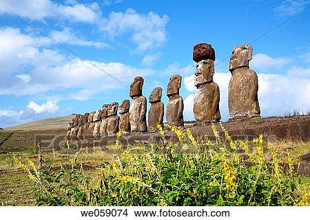 Chile, Easter Island, Rapa Nui, view of the 15 moai statues at Ahu Tongariki View Large Photo Image Picture - Chile, Easter Island, Rapa Nui, view of the 15 moai statues at Ahu Tongariki. Fotosearch