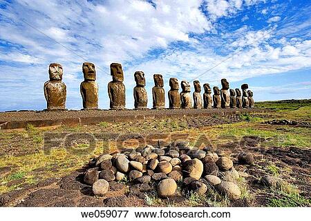 Chile, Easter Island, Rapa Nui, view of the 15 moai statues at Ahu Tongariki View Large Photo Image Stock Photo - Chile, Easter Island, Rapa Nui, view of the 15 moai statues at Ahu Tongariki. Fotosearch