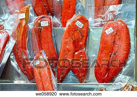 Stock Image - Codfish roes at La Boqueria market, Barcelona. Catalonia, Spain. Fotosearch