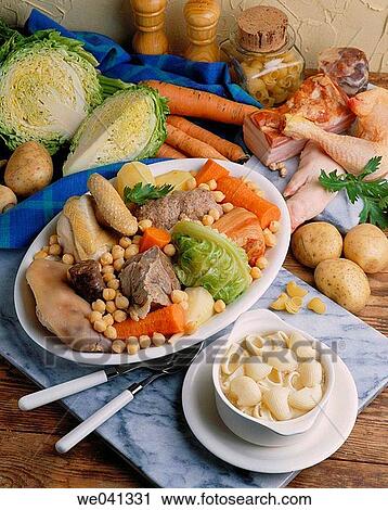 Stock Image - ? Escudella? traditional Catalan stew and? carn d? olla? (all the meat used in the stew). Fotosearch