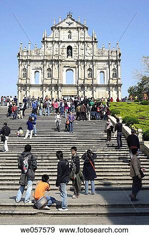 Stock Photo - On the steps towards the ruins of St. Paul's Cathedral, Macau, China, Asia. Fotosearch
