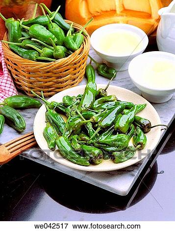 Padron small green peppers, Galician cuisine View Large Photo Image Stock Photo - Padron small green peppers, Galician cuisine. Fotosearch