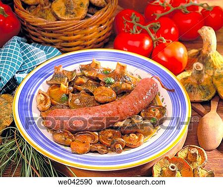 Pork sausage and mushrooms View Large Photo Image Stock Image - Pork sausage and mushrooms. Fotosearch