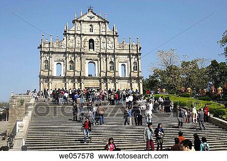 Stairs leading upward to the ruins of St. Paul's Cathedral, Macau, China, Asia View Large Photo Image Stock Photo - Stairs leading upward to the ruins of St. Paul's Cathedral, Macau, China, Asia. Fotosearch