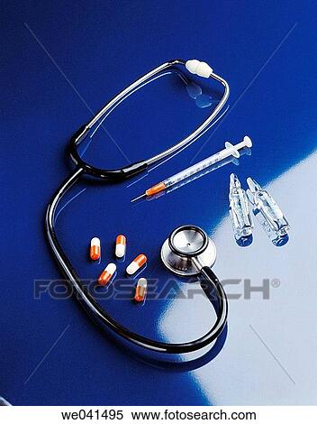 Stethoscope, pills and injections View Large Photo Image Stock Photography - Stethoscope, pills and injections. Fotosearch
