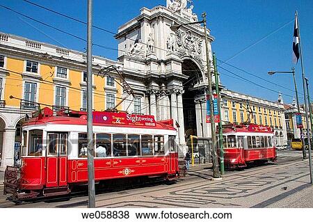 Trams in Pra? a do Comercio, Lisbon. Portugal View Large Photo Image Stock Photo - Trams in Pra? a do Comercio, Lisbon. Portugal. Fotosearch