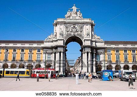Trams in Pra? a do Comercio, Lisbon. Portugal View Large Photo Image Stock Photography - Trams in Pra? a do Comercio, Lisbon. Portugal. Fotosearch