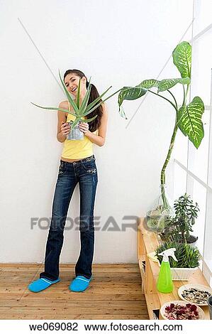 Stock Image - 30's, brunette, at-home, aloe, 20's. Fotosearch
