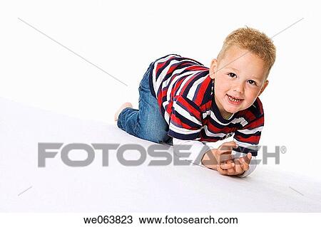 Stock Image - baby, boy, blond, barefoot, 3-4 years. Fotosearch