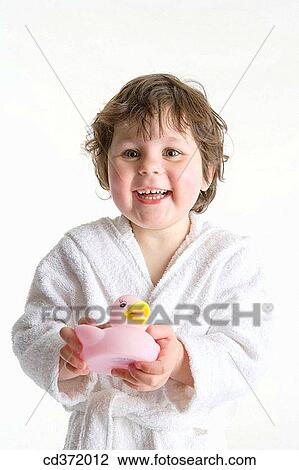 Stock Image - baby, child, brunette, bathrobe, 3-4 years. Fotosearch