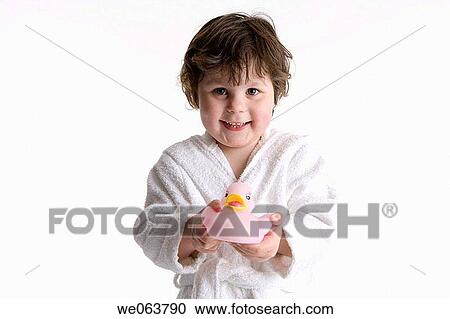 Stock Image - baby, child, brunette, bathrobe, 3-4 years. Fotosearch