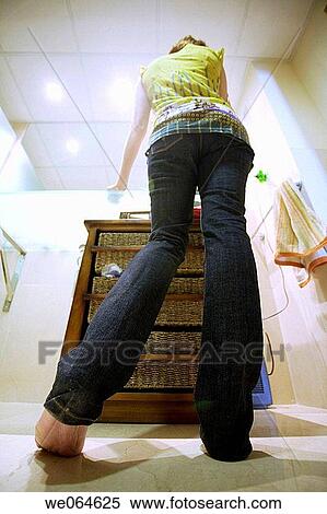 back view, bathroom, barefoot, at-home View Large Photo Image Stock Photography - back view, bathroom, barefoot, at-home. Fotosearch