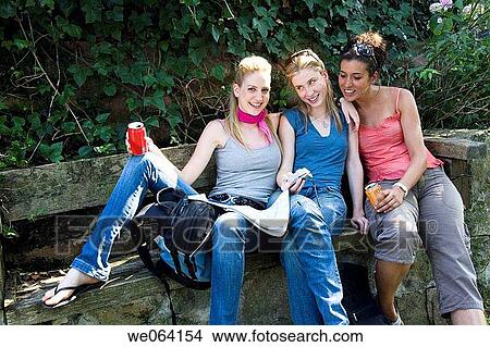 Picture - backpack, break-time, break, bench, amusement. Fotosearch
