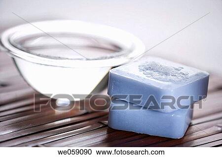 Stock Image - Bar of soap, Bars of soap, bathroom, blue, Body care, bowl. Fotosearch