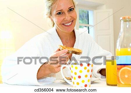 Picture - bathrobe, coffee, breakfast, at-home. Fotosearch