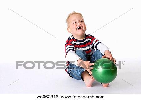 Stock Photograph - blond, amusement, barefoot, ball, baby, 3-4 years. Fotosearch