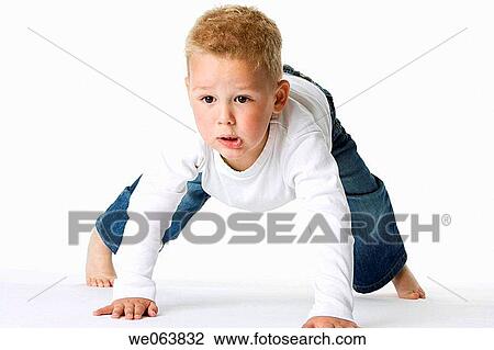 Stock Image - boy, baby, blond, barefoot, balance, 3-4 years. Fotosearch