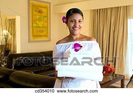 Stock Image - carry, chambermaid, Chamber maid, carrying, accommodation. Fotosearch