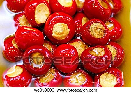 Cod stuffed peppers. La Boquer? a market. Barcelona. Spain. View Large Photo Image Stock Photograph - Cod stuffed peppers. La Boquer? a market. Barcelona. Spain.. Fotosearch